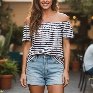 Lucky Brand White Navy Stripe Floral  Embroidered Knit Top Med